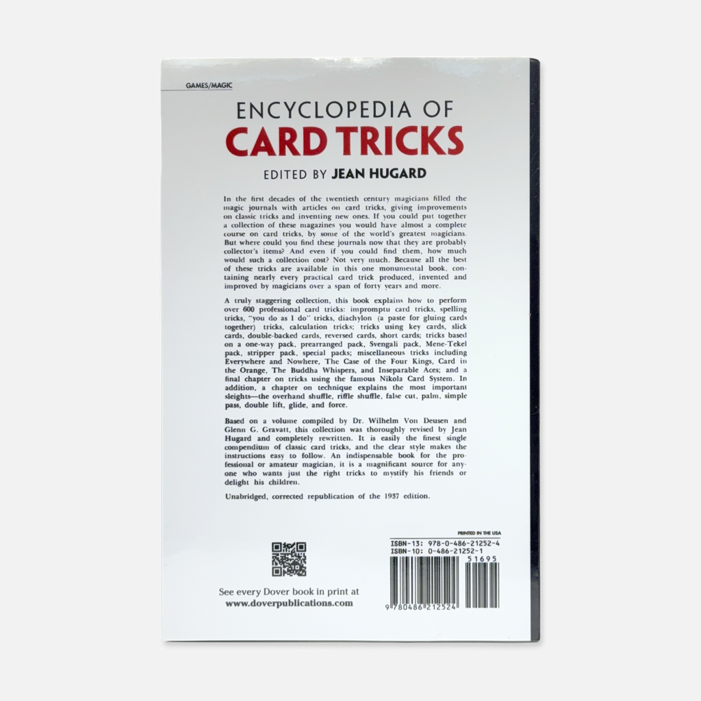 Back of "Encyclopedia of Card Tricks" by Jean Hugard, featuring over 600 card magic effects, brand-new paperback edition