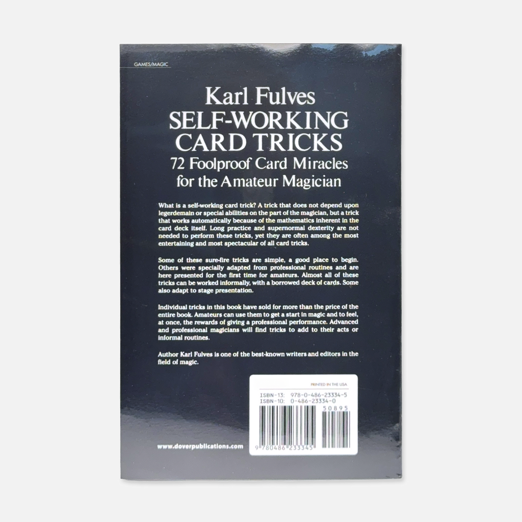 Back of "Self-Working Card Tricks" by Karl Fulves, featuring 72 easy card magic effects, brand-new paperback edition