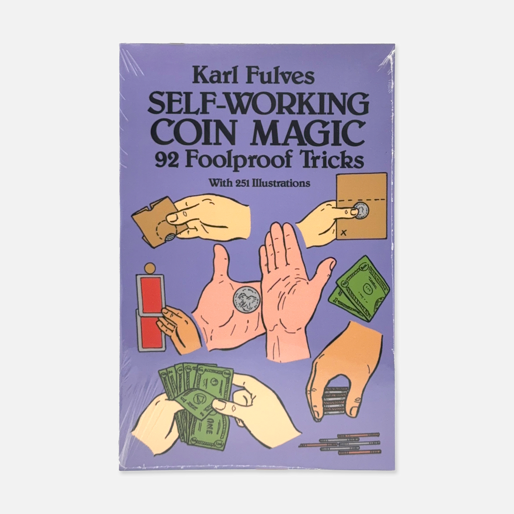 Cover of "Self-Working Coin Magic" by Karl Fulves, featuring 92 easy coin magic effects, brand-new paperback edition