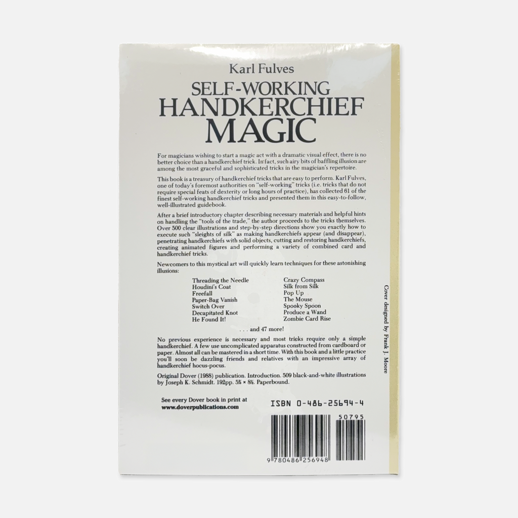 Back of "Self-Working Handkerchief Magic" by Karl Fulves, featuring 61 easy handkerchief magic effects, brand-new paperback edition