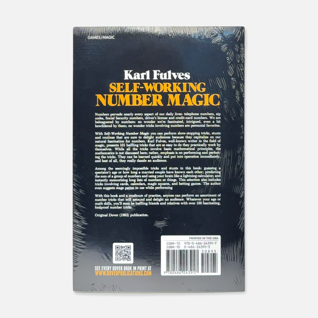 Back of "Self-Working Number Magic" by Karl Fulves, featuring 101 easy number magic effects, brand-new paperback edition
