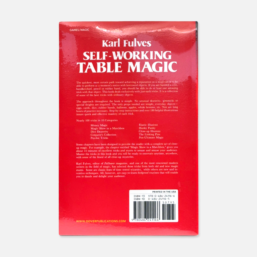 Back of "Self-Working Table Magic" by Karl Fulves, featuring 97 easy magic effects with everyday objects, brand-new paperback edition