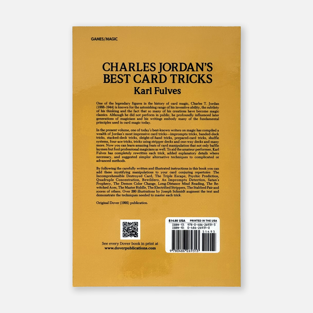 Back of "Charles Jordan's Best Card Tricks" by Karl Fulves, featuring over 190 card tricks, brand-new paperback edition