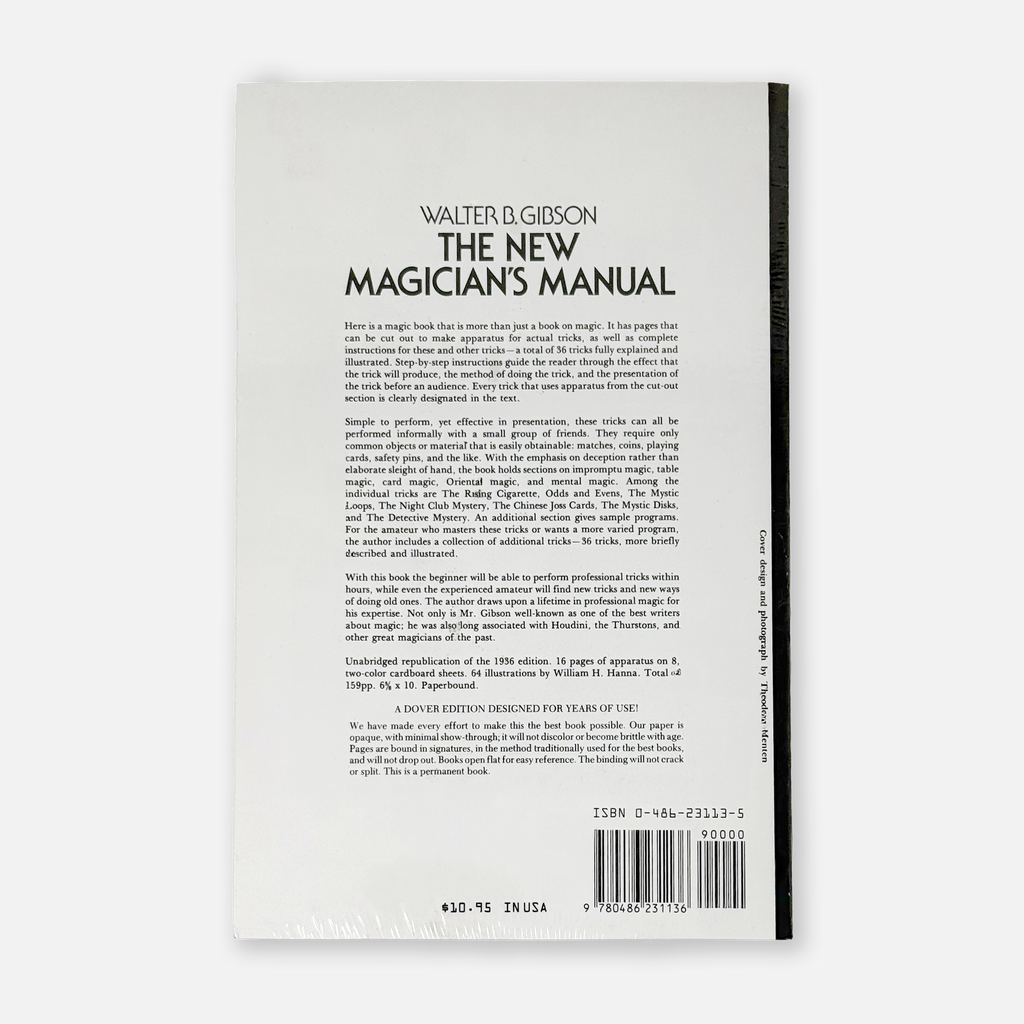 Back of "The New Magician's Manual" by Walter B. Gibson, featuring 36 illustrated tricks and DIY apparatus, brand-new paperback edition
